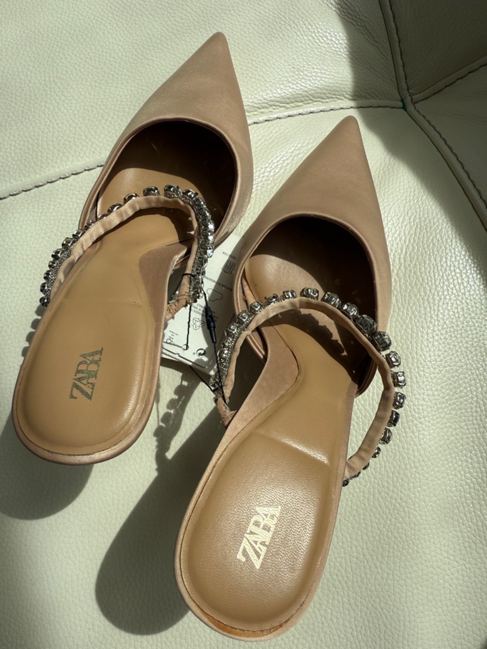 Zara Beige Pointed Toe‎ Mules with Crystal Strap - Picture 10 of 16